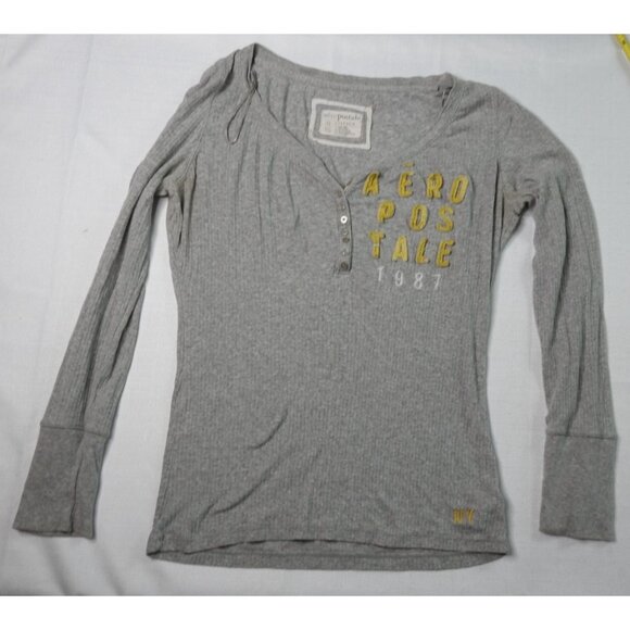 Aeropostale Women’s LS Henley Thermal Top Gray Size XL Stretch 1987 Graphic Y2K - Picture 1 of 6